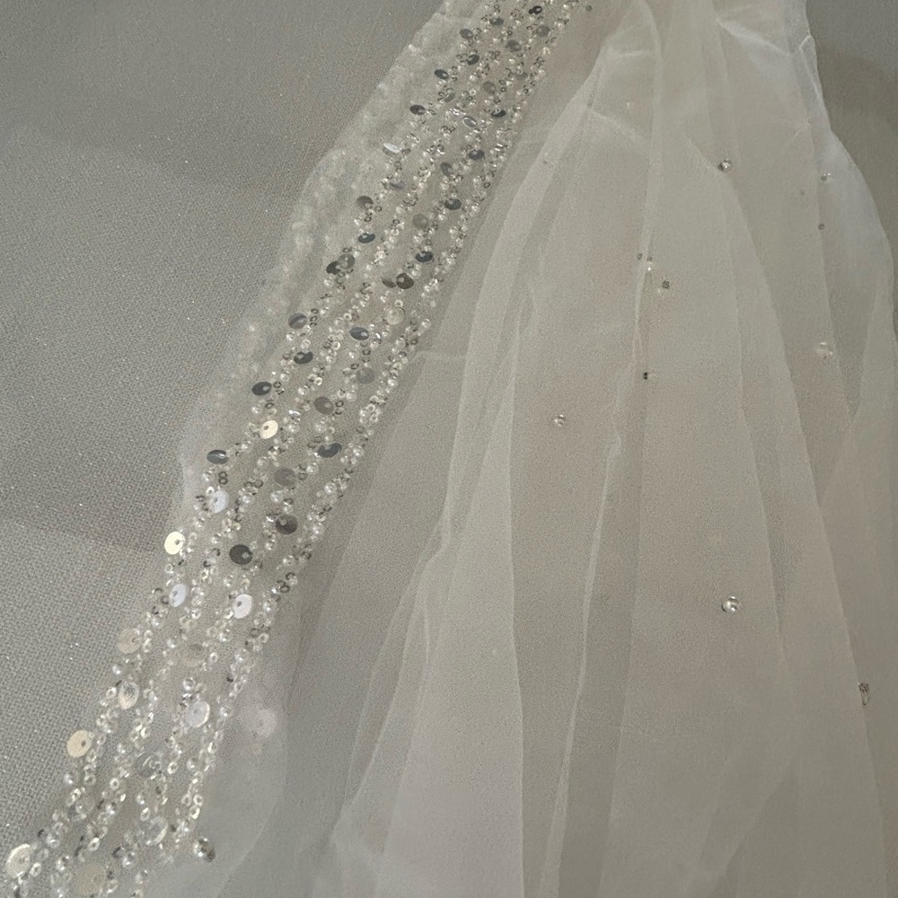 Elegant White Beaded Fingertip Bridal Veil - Picture 9 of 9